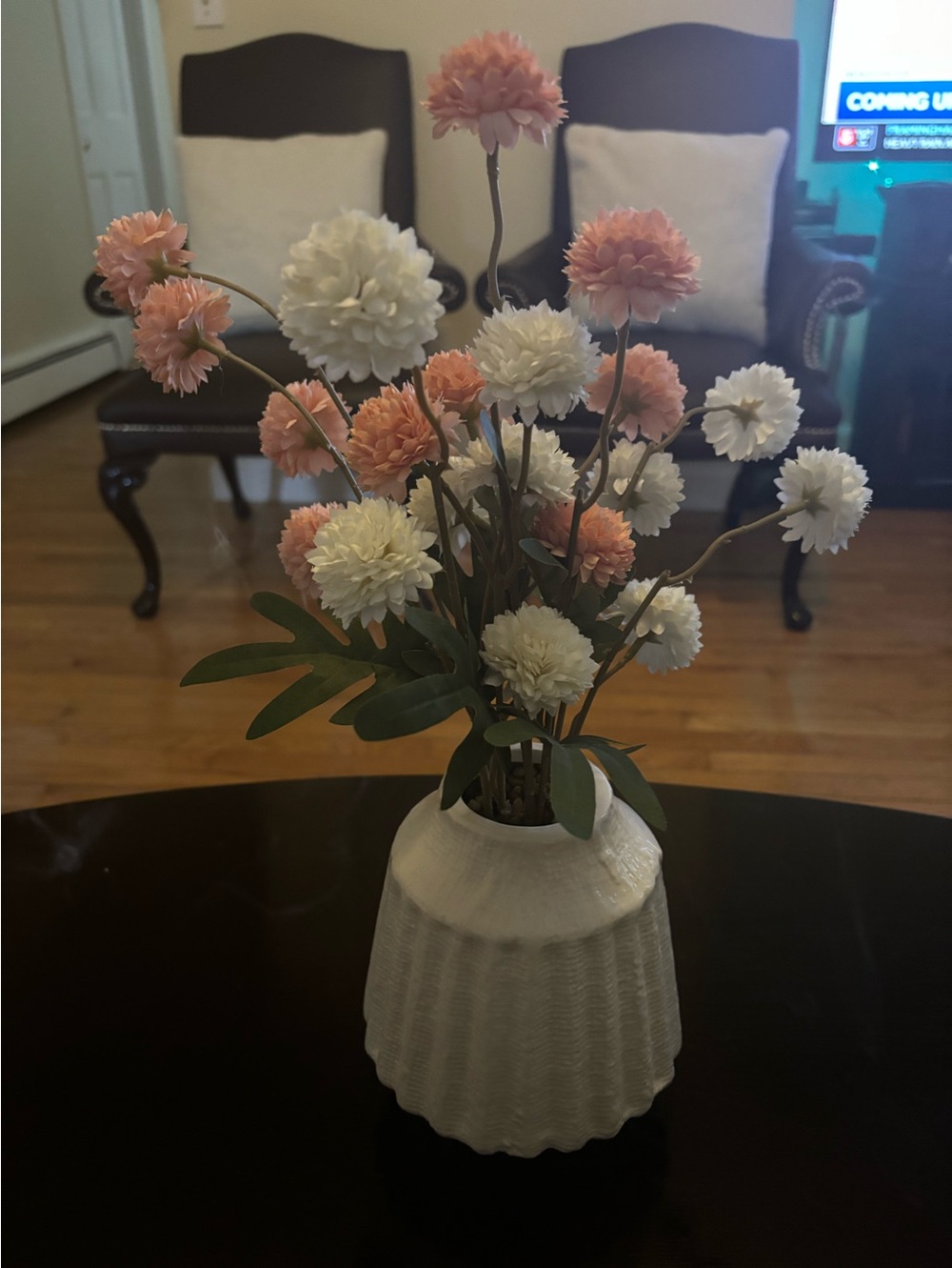 Artificial Pink and White Pom Pom Floral Arrangement in Cream Vase
